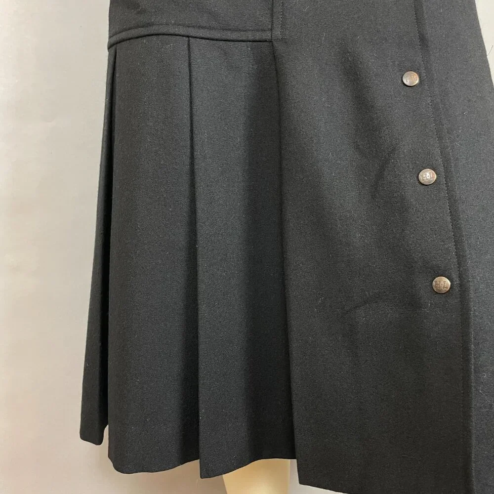 Vintage Henri Luc‎ Chapuis H-L Wool Skirt Pleated Black Lined Wide Pockets Snaps